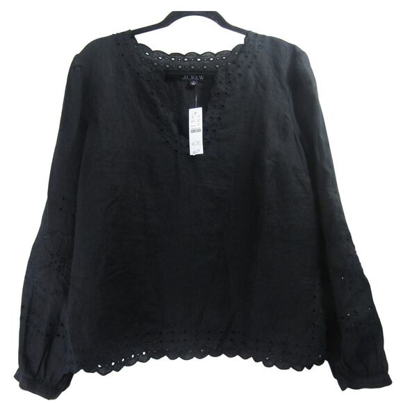 J. Crew Black Bungalow Linen Top Embroidered Women's Medium Eyelet Floral Boho - Picture 1 of 9